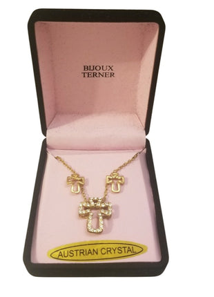Bijoux Terner gold tone necklace and earrings set Cross Austrian Crystal