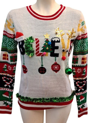 No Boundaries Women’s 3D Ugly Christmas Sweater Holiday Believe M Medium (7-9)