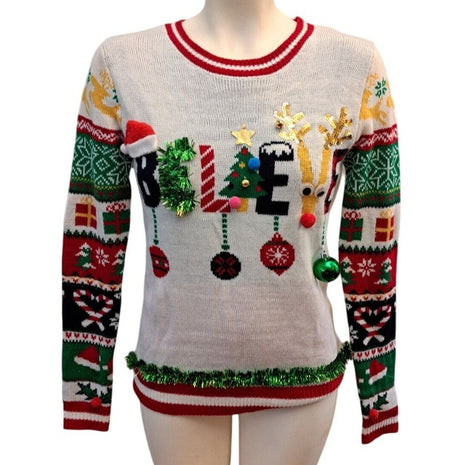 No Boundaries Women’s 3D Ugly Christmas Sweater Holiday Believe M Medium (7-9)