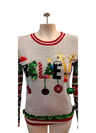 No Boundaries Women’s 3D Ugly Christmas Sweater Holiday Believe M Medium (7-9)