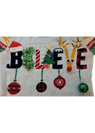 No Boundaries Women’s 3D Ugly Christmas Sweater Holiday Believe M Medium (7-9)