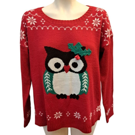 Its Our Time Womens Ugly Christmas Sweater Size Large Owl Red Holiday Snowflakes