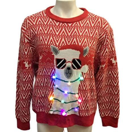 Llama with Sunglasses and LED Lights Red XXL Ugly Christmas Sweater