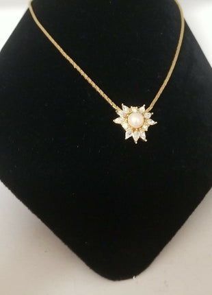 Vintage Christian Dior Crystal & Pearl Flower Gold Tone Necklace 