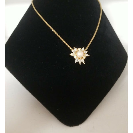 Vintage Christian Dior Crystal & Pearl Flower Gold Tone Necklace - Germany