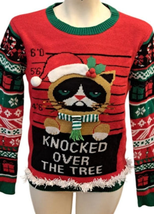 No Boundaries Cat Knocked Over The Tree Ugly Christmas Holiday Sweater Small 4-6