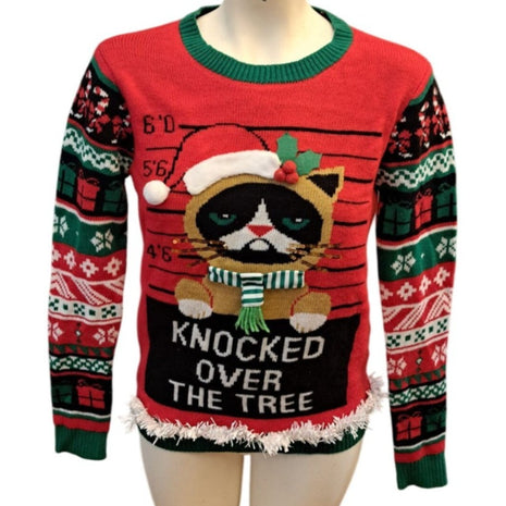 No Boundaries Cat Knocked Over The Tree Ugly Christmas Holiday Sweater Small 4-6