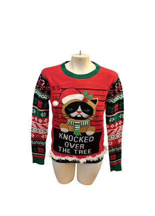 No Boundaries Cat Knocked Over The Tree Ugly Christmas Holiday Sweater Small 4-6