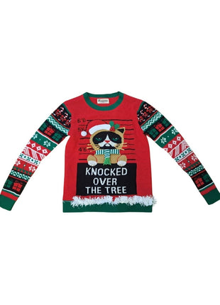 No Boundaries Cat Knocked Over The Tree Ugly Christmas Holiday Sweater Small 4-6