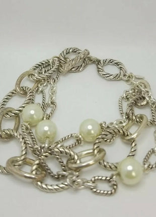 Premier Designs Silver Tone Rope Multi Strand Chain White Pear like Beads