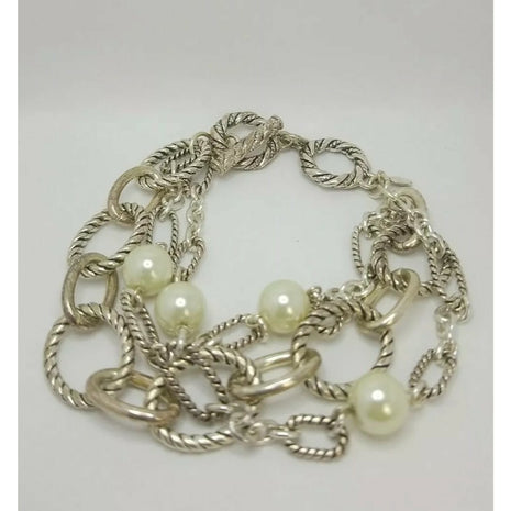 Premier Designs Silver Tone Rope Multi Strand Chain White Pear like Beads
