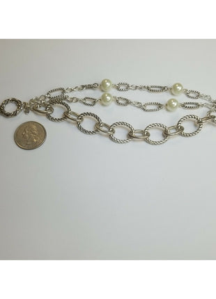 Premier Designs Silver Tone Rope Multi Strand Chain White Pear like Beads
