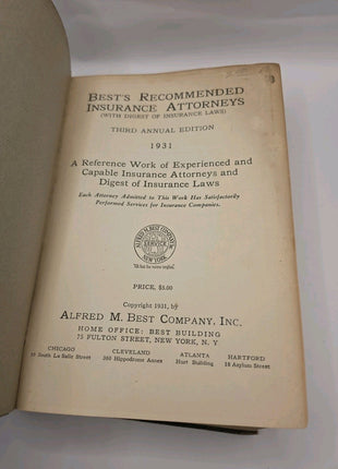 Vintage Best's Recommended Insurance Attorneys 1931 + Digest of Insurance Laws