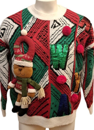 Ugly Christmas Sweater XXL Reindeer Pom-Poms Holiday
