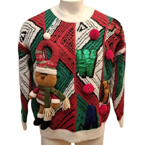 Ugly Christmas Sweater XXL Reindeer Pom-Poms Holiday