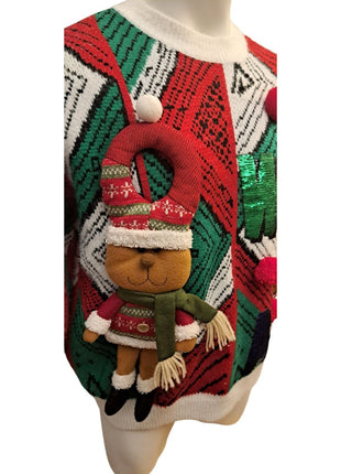 Ugly Christmas Sweater XXL Reindeer Pom-Poms Holiday