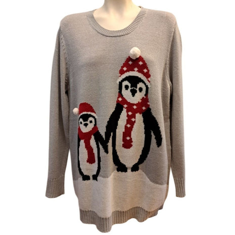 Holiday Time Women’s 2X 18W/20W Gray Penguin Ugly Christmas Sweater