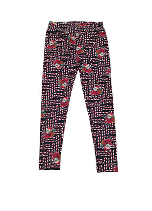Women's Christmas leggings with red and white candy cane pattern and Santa print, soft stretchy holiday leggings