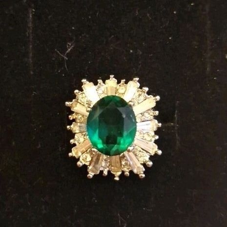 Vintage 18K HGE Cocktail Ring Faux Green Emerald and Rhinestone Cluster Size 8 A