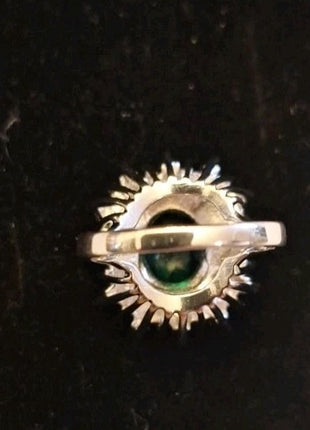 Vintage 18K HGE Cocktail Ring Faux Green Emerald and Rhinestone Cluster Size 8 A