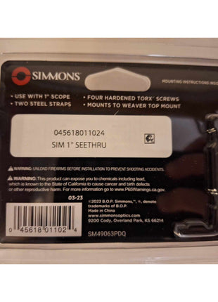 Simmons 1" See-Thru Mount-Matte Rings Fits Up To 50MM OBJ Lens - SM49063PDQ