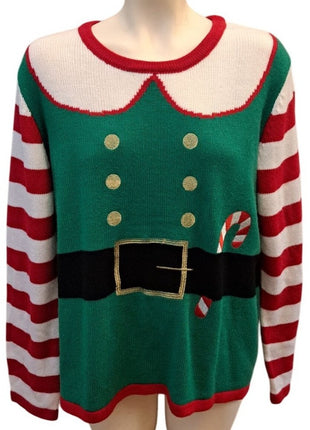 Holiday Time Women’s XL (16-18) Green Red Elf Candy Cane Ugly Christmas Sweater