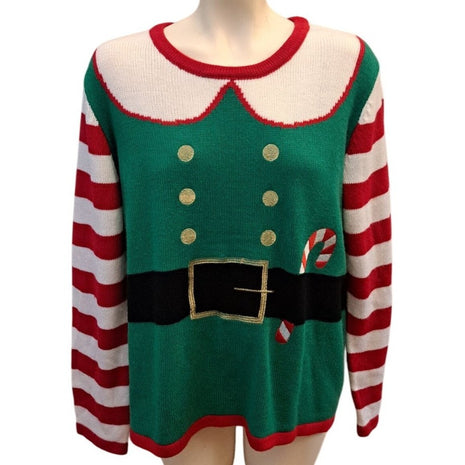 Holiday Time Women’s XL (16-18) Green Red Elf Candy Cane Ugly Christmas Sweater