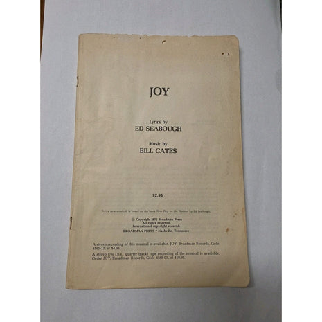 JOY A New Musical Sheet Music Book 1972 Ed Seabough & Bill Cates