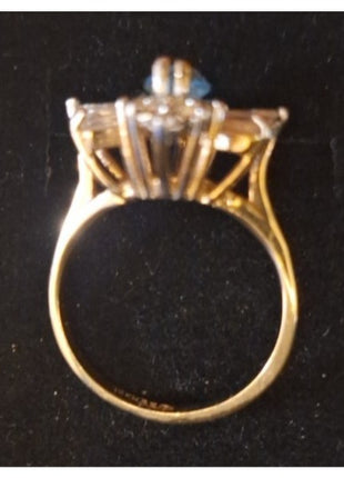 Vintage 18K HGE Cocktail Ring Faux Blue Stone and Rhinestone Cluster Size 8.5 A