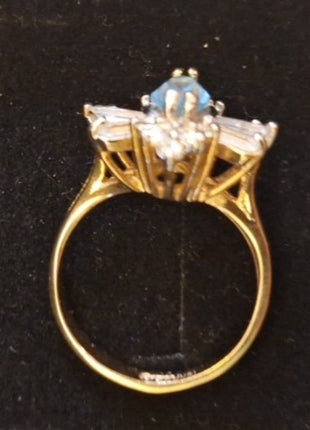 Vintage 18K HGE Cocktail Ring Faux Blue Stone and Rhinestone Cluster Size 8.5 A