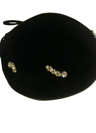VINTAGE LADIES BLACK VELOUR HAT / LEE - DESIGNER / RHINESTONE / MOD ART DECO