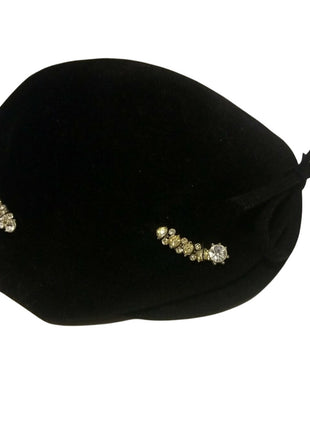 VINTAGE LADIES BLACK VELOUR HAT / LEE - DESIGNER / RHINESTONE / MOD ART DECO