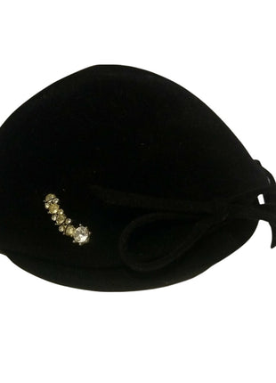VINTAGE LADIES BLACK VELOUR HAT / LEE - DESIGNER / RHINESTONE / MOD ART DECO
