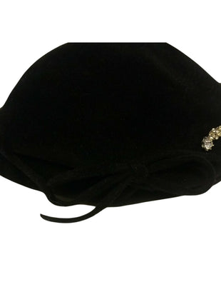 VINTAGE LADIES BLACK VELOUR HAT / LEE - DESIGNER / RHINESTONE / MOD ART DECO
