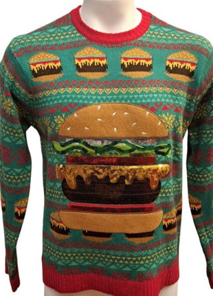 Ugly Christmas Sweater Cheeseburger Hamburger 33 Degrees Acrylic Size L