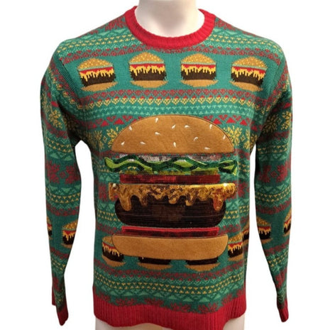 Ugly Christmas Sweater Cheeseburger Hamburger 33 Degrees Acrylic Size L