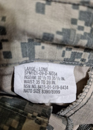 ACU Pants/Trousers Large Long USGI Digital Camo Cotton/Nylon Army 35 To 39 Waist