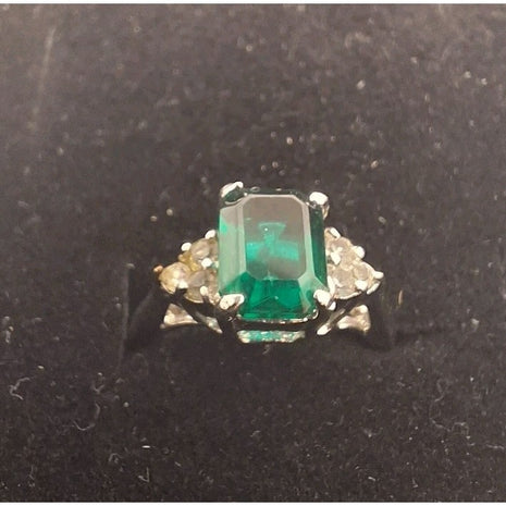 Vintage Silver Tone Dinner Ring Faux Green Emerald with Rhinestones Size 4.5