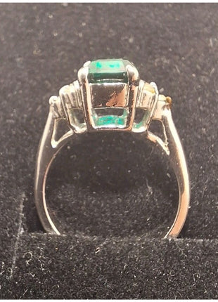 Vintage Silver Tone Dinner Ring Faux Green Emerald with Rhinestones Size 4.5