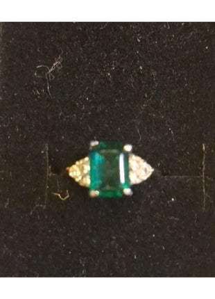 Vintage Silver Tone Dinner Ring Faux Green Emerald with Rhinestones Size 4.5