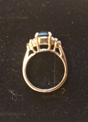 Vintage Silver Tone Dinner Ring Faux Green Emerald with Rhinestones Size 4.5