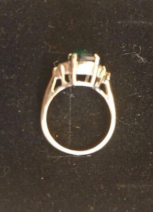 Vintage Silver Tone Dinner Ring Faux Green Emerald with Rhinestones Size 4.5