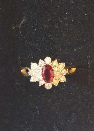 Vintage 14KT GF ESPO Dinner Ring Faux Ruby Red and Rhinestone Cluster Size 8.5