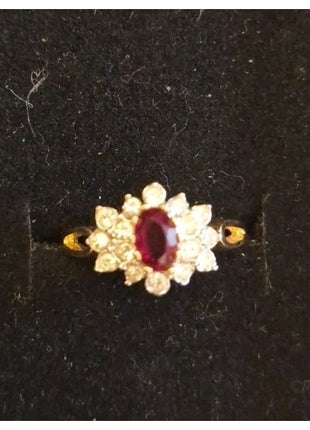 Vintage 14KT GF ESPO Dinner Ring Faux Ruby Red and Rhinestone Cluster Size 8.5