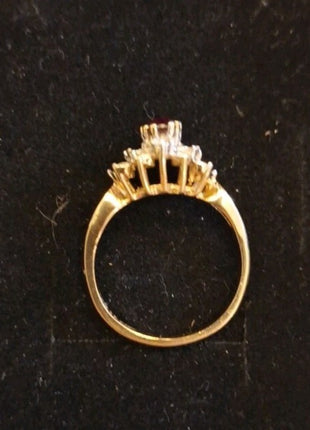 Vintage 14KT GF ESPO Dinner Ring Faux Ruby Red and Rhinestone Cluster Size 8.5