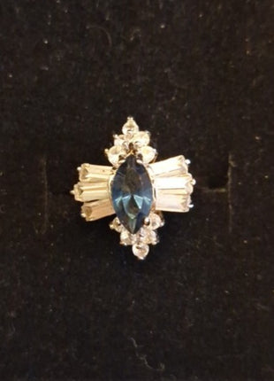 Vintage Cocktail Ring Faux Blue Sapphire and Rhinestone Cluster Size 6.5