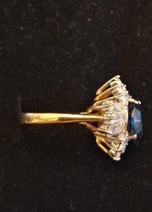 Vintage Cocktail Ring Faux Blue Sapphire and Rhinestone Cluster Size 6.5