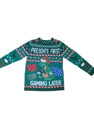 Ugly Christmas Sweater Green With Dinosaur Presents First Gaming Later M Medium