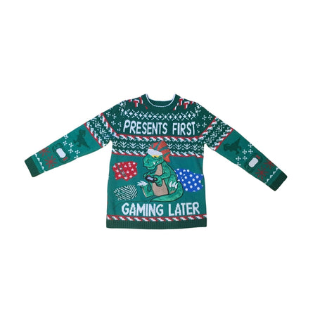 Ugly Christmas Sweater Green With Dinosaur Presents First Gaming Later M Medium