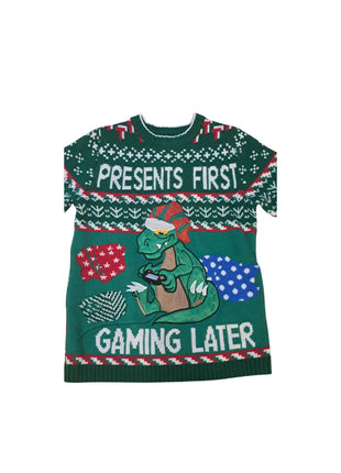 Ugly Christmas Sweater Green With Dinosaur Presents First Gaming Later M Medium